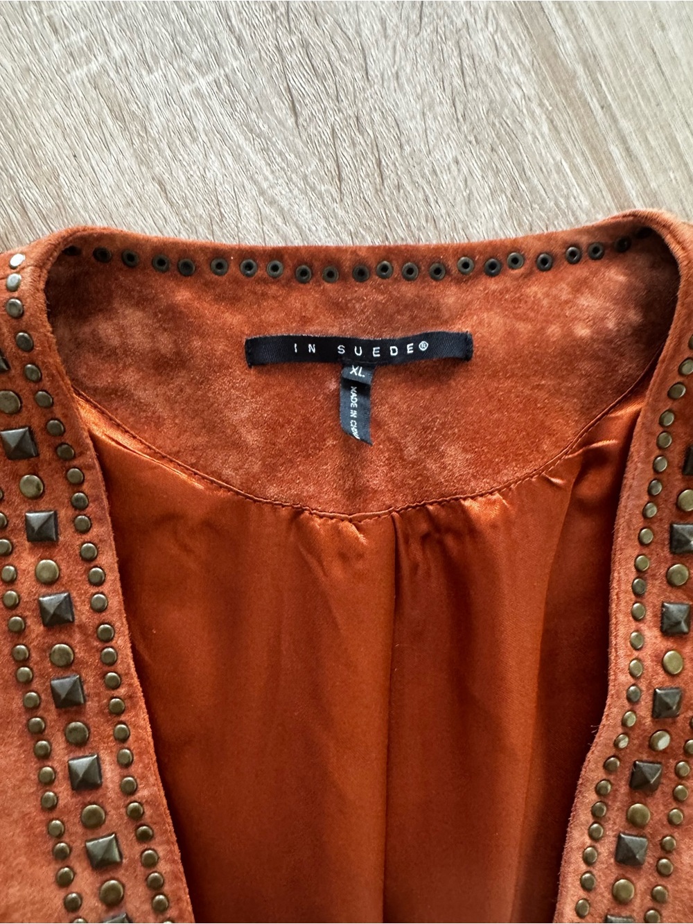 In Suede XL Genuine Leather Studded Jacket Rust Brown Open Front Western Boho - Picture 5 of 5